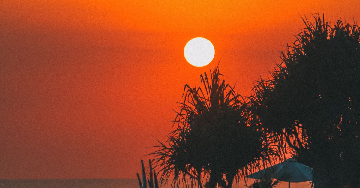 A Bali beach at sunset with silhouetted palm trees — Seminyak is the island's most LGBTQ-friendly base